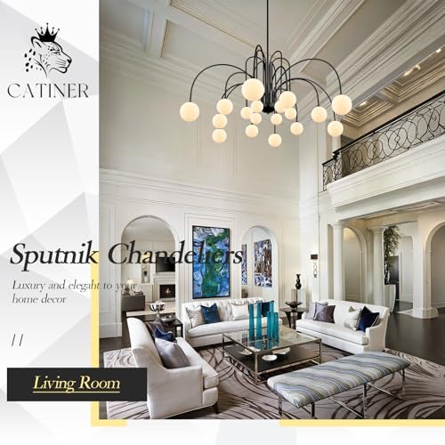 CATINER Modern 59" 18-Light Black Sputnik Chandelier with Milk Glass Globe - Image 2