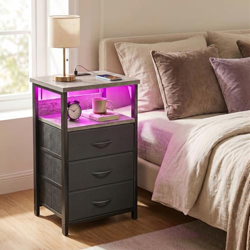 Fixwal Night Stand with 3 Fabric Drawers, Nightstand with Charging Station - Image 2