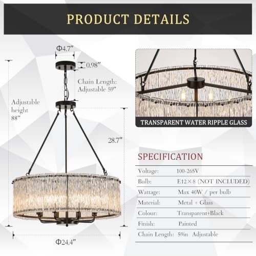 CATINER Modern 24.4" Crystal Glass Chandelier 8-Light Black Chandeliers - Image 3