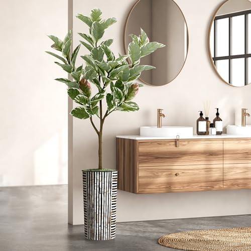Artificial Tree in Black and Brown Striped Planter, Fake Rubber Silk Tree for Indoor and Outdoor Home Decoration - 70" Overall Tall (Plant Pot Plus Tree) - Image 6