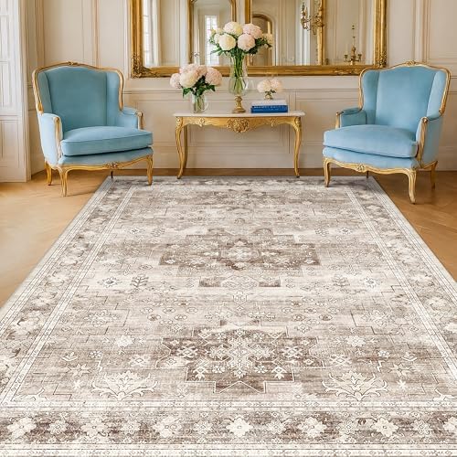 Washable Boho 6x8 Area Rug for Living Room - Vintage Beige Dining Room Rug Under the Table, Low Pile Non-Slip Rugs for Bedroom, Office - Charming Geometric Decor & Stain Resistance (6x8 Beige/Latte) by HazoHaus