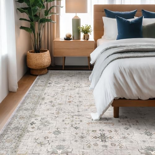 Hazo Haus Washable 5x8 Living Room Rug - Light Gray & Sage Area Rug for Nursery, Dining Under Table, Bedroom, Modern Vintage Eclectic Geometric Floral Neutral, Low Pile Stain Resistant - Image 3