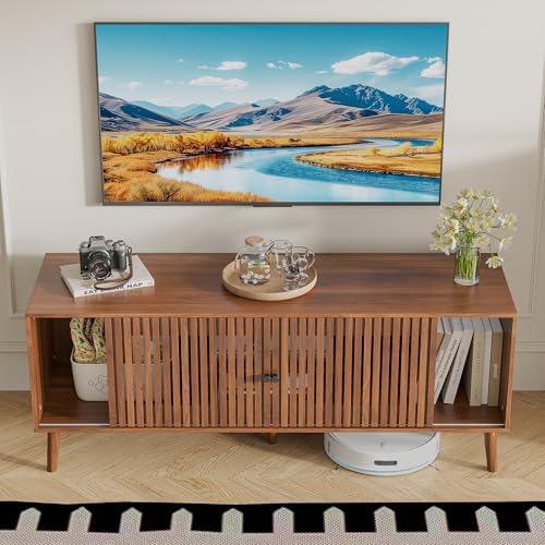 Oubayajia Mid Century Modern TV Stand for Televisions up to 60 Inches, with Sliding Doors and Storage, Television Stands, TV Consoles, Media Consoles for Living Room(Walnut-51.2inch) - Image 6