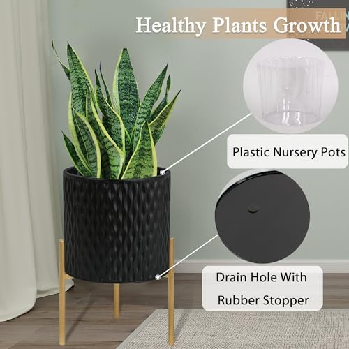 ARNIS Plants Pots with Stand, Set of 2 Planters, Unique Mid Century Decorative Metal Flower Pots with Drainage, 8.25 & 10.5 Inch, Black - Image 7