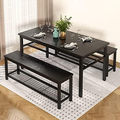 AWQM 43.3" Dining Table Set for 4, Kitchen Dining Table with 2 Benches, Dining Room Table Set with Metal Frame & Storage Rack for Kitchen, Restaurant, Black - Image 6
