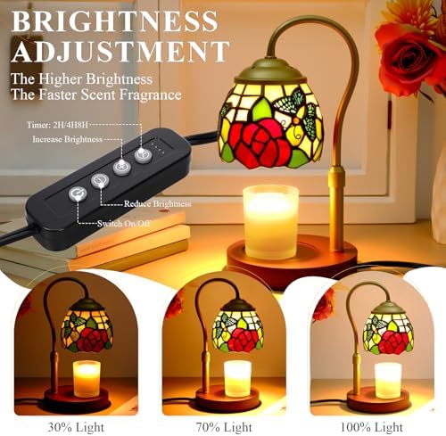 Candle Warmer Lamp with Timer Dimmer, Butterfly Tiffany Style Stained Glass Candle Lamp Warmer, Adjustable Wax Melt Warmer with 2 Bulbs for Small Jar Candles Valentine Birthday Gifts for Women - Image 3