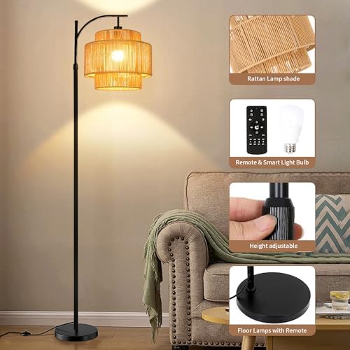 ILLMTW Rattan Floor Lamp for Living Room Bedroom Boho Arc Standing Lamp with Remote Dimmable Black Farmhouse Wicker Bamboo Lamp Shade Floor Light Tall Lamp Industrial Floor Lamps Bohemian Decor - Image 6