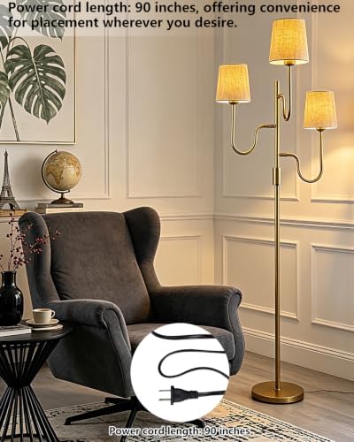 Lightdot 68IN Gold Floor Lamp Dimmable 3-Lights LED Floor Lamps with Cone Fabric Shade& Warm White Bulb for Wedding/Party 3-Arm Standing Tall Lamp for Living Room/Bedroom/Sofa Beside/Corner Decor - Image 6