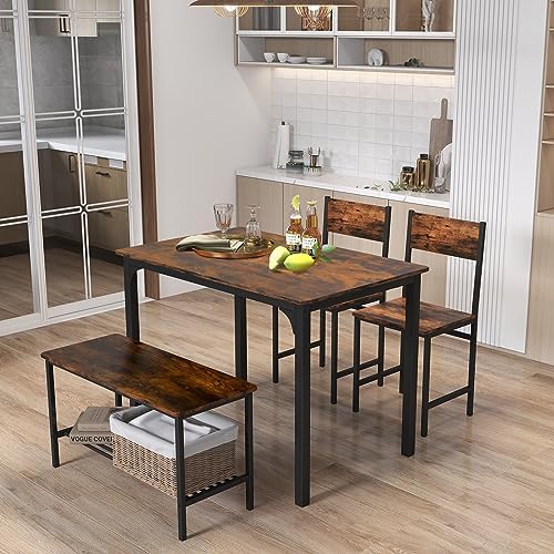 Giantex Dining Table Set for 4, Kitchen Table with Bench and Chairs, Industrial Gathering Bench Dining Set W/Metal Frame & Storage Rack, Dinette Set, Modern Functional Desk Set (Rustic Brown) - Image 2