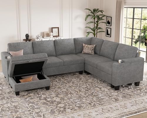 Belffin Chenille Modular Sectional Sofa Convertible L Shaped Corner Couches for Living Room with Storage Armrest with Cup Holder Light Grey Couch - Image 3