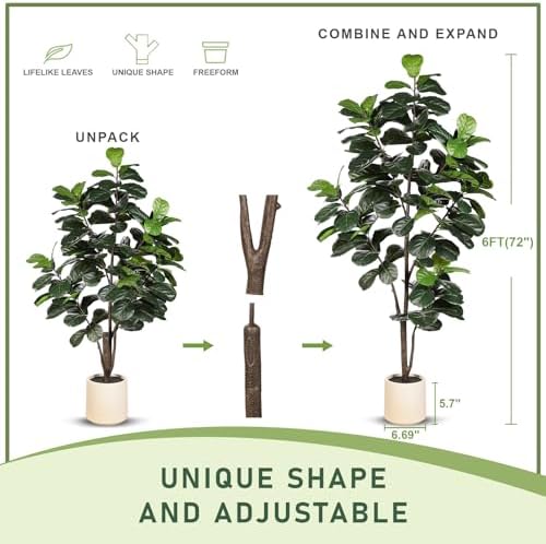 LYERSE Fiddle Leaf Fig Tree Artificial 6ft with Sturdy White Planter - Image 2
