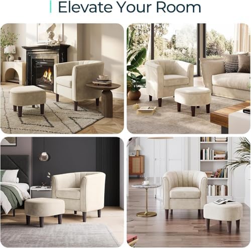 LINSY Accent Chair with Ottoman, Modern Armchair Comfy Barrel Reading Chair with Footrest for Living Room Bedroom Reading Room, Velvet, Cream - Image 6