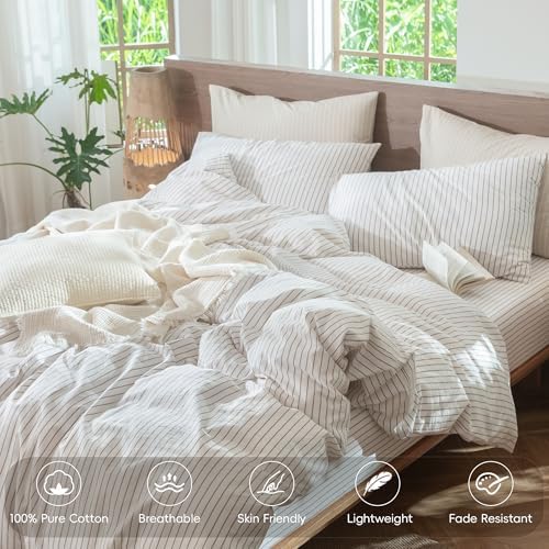 MooMee Striped Duvet Cover Set 100% Washed Cotton Linen Like Twin - Image 4