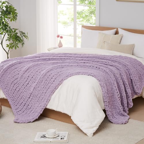 L'AGRATY Chunky Knit Throw Blanket for Couch, 72'' x 84'' Knit Throw, Purple - Image 4