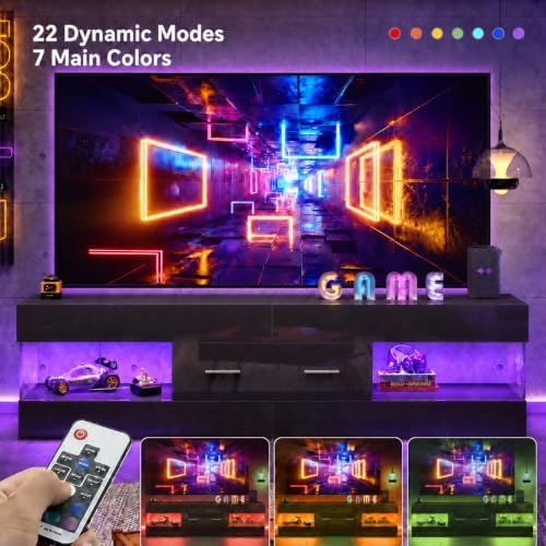 Bestier Black 60 Inch Modern TV Stand, LED Entertainment Center with Drawer - Image 4