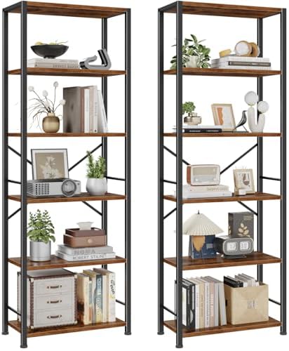 Furologee 6 Tier Book Shelf Set of 2, Tall Wide Bookshelf, Rustic Brown by Furologee