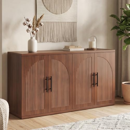 Jocoevol 63" Buffet Cabinet, Fluted Sideboard Credenza with 4 Doors, Walnut by JOCOEVOL