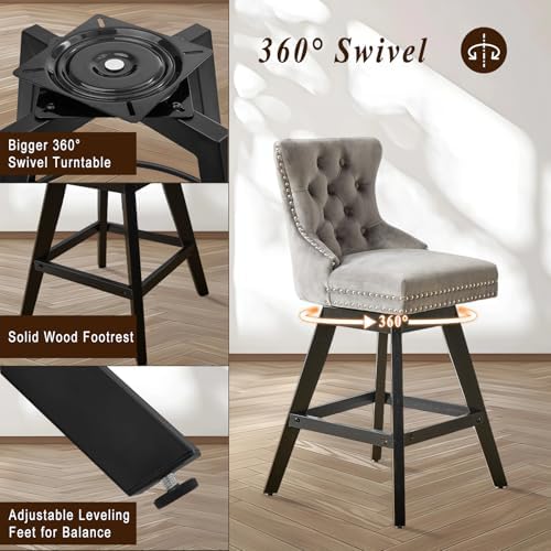 SoarFlash Kitchen Swivel Bar Stools with Solid Wood Legs Upholstered Counter Stools Set of 4, Grey - Image 3