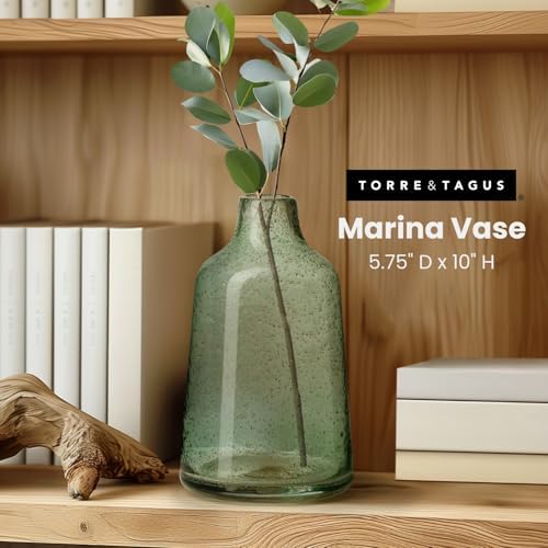 Torre & Tagus 10 Inch Tall Green Glass Vase with Gold Flakes, Mouth Blown Glass Vases Green Flower Vase Centerpieces, Watertight for Hydroponic Plants, Coastal Seagreen Gold Decor Accents (Marina) - Image 2