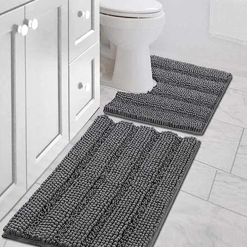 H.VERSAILTEX Bathroom Rugs Bath Rug Set 2 Piece Bathroom Contour Rug Toilet Mat Sets Non Slip Contour Bath Rug Ultra Thick Water Absorbent Striped Bath Mats Washable(20" x 32" Plus 20" x 20" U, Grey) by HVERSAILTEX