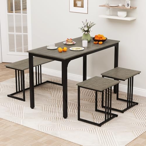 Giantex 4-Piece Dining Table Set for 4, Modern Kitchen Table and Chairs, Nesting Furniture Set with Bench & 2 Stools, Space-Saving Desk Set, Dinette Set for Small Place, Dining Room Restaurant (Grey) - Image 2