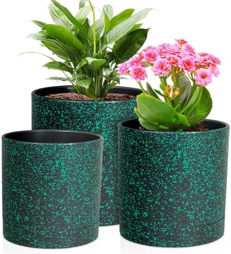 Meowell 6/5/4 inch Plant Pots, 3 Pack Cylinder Flower Pots for Small Indoor Outdoor Plants, Plastic Planters with Drainage Holes and Saucers for Garden Succulent Plants, Black with Green Speckles by Meowell