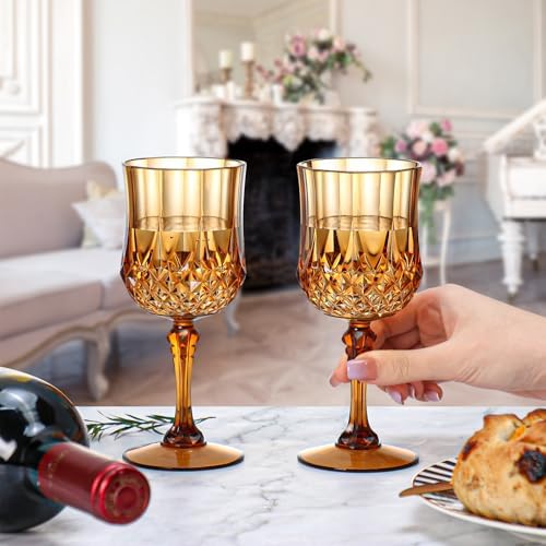 XUWAIDSGN 48 Pcs 7oz Plastic Vintage Wine Glasses Drinking Glasses Unbreakable Wedding Glassware Crystal Water Goblets Reusable Drinkware Vintage Champagne Flutes (48, Brown) - Image 6