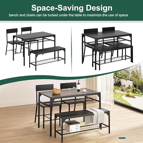 Shintenchi Dining Table Set for 4 with Bench and Chairs, Black - Image 5