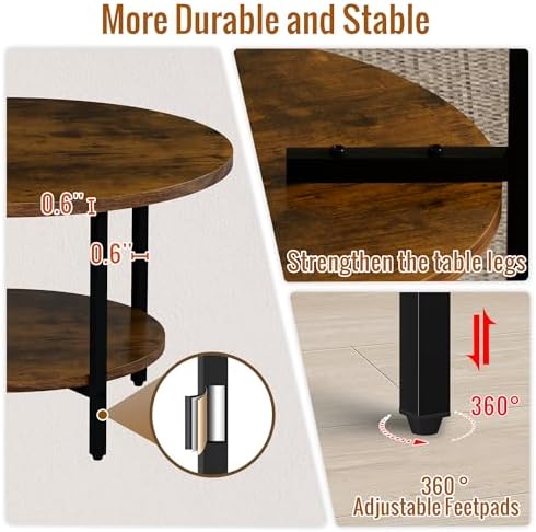 Coffee Tables for Living Room, 27.6" Round Coffee Table, Brown Coffee Table - Image 5