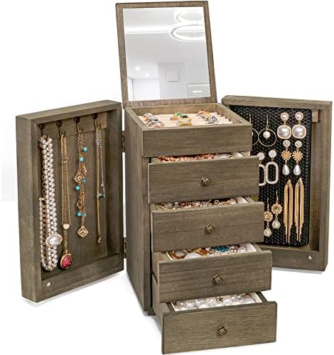 Meangood Jewelry Box Wood for Women, 5-Layer Large Organizer Box with Mirror & 4 Drawers for Rings, Earrings, Necklaces, Vintage Style, Weathered Grey - Image 7