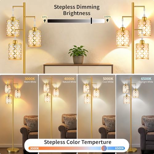 72" Dimmable Floor Lamp with Remote & Timer, Modern Industrial Standing Lamp for Living Room Bedroom, 3 Individually Controlled Heads, 2 Height Options, 3 x 800LM LED Bulbs Included - Gold - Image 4