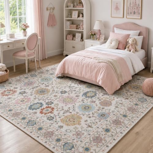 Amada Vintage Washable Area Rug,8'x10',Beige/Multi by AMADAHOMEFURNISHING
