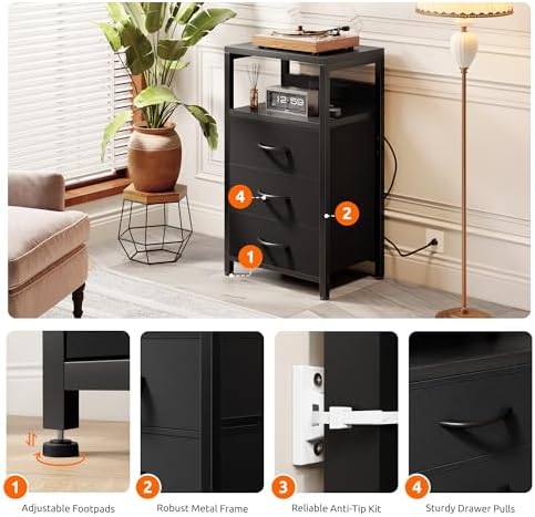 Lazzanto Night Stand with Charger Station, 3 Fabric Drawers, Black - Image 6