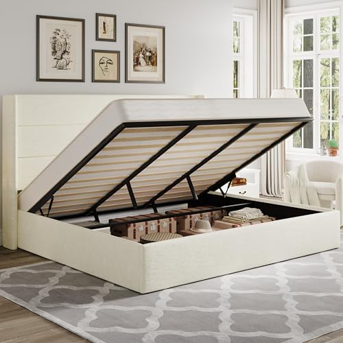 Allewie King Size Chenille Lift Up Hydraulic Storage Bed Frame Cream White by Allewie