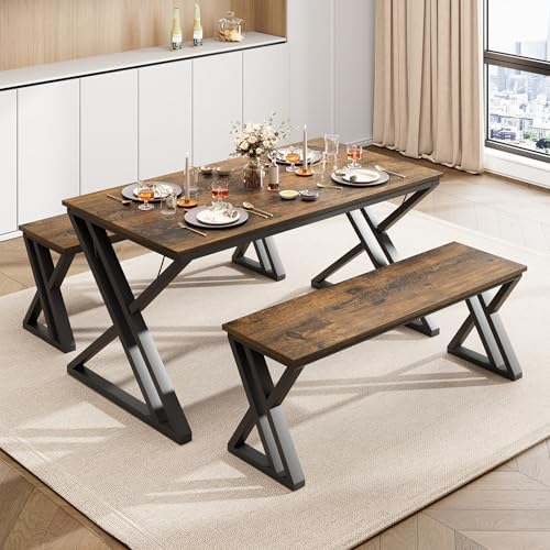 GarveeHome Kitchen Table with 2 Benches, Dining Table Set for 4,Brown by GarveeHome
