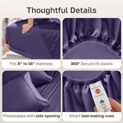 California Design Den 100% Cotton Sateen King Size Bed Sheet Set, Purple - Image 4