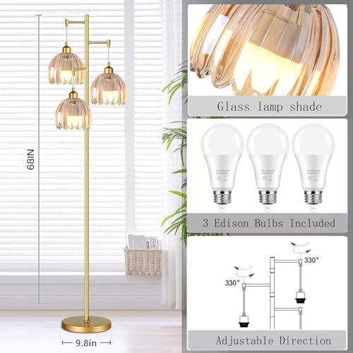 QIYIZM Gold Floor Lamp for Living Room,Bedroom,Tree 3 Light Standing Lamp Mid Century Modern Brass Tall Floor Lamps Vintage Retro Floor Lights Glass Flower Amber Lamp Shade Farmhouse Boho Bohemian - Image 5