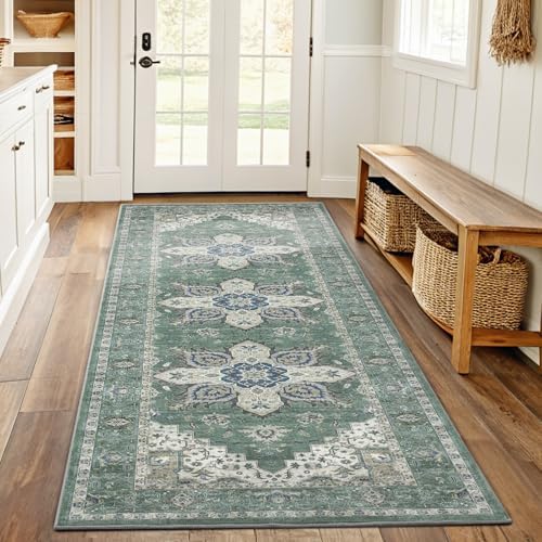 Amada 2x6 Washable Runner Rug for Kitchen and Entryway, Dark/Green, Vintage by AMADAHOMEFURNISHING