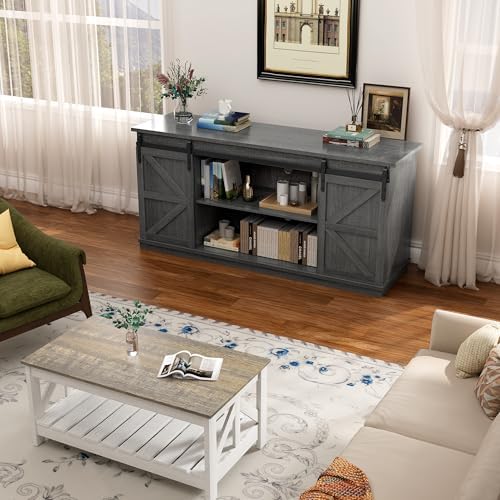YESHOMY 58" Farmhouse TV Stand for TVs up to 65", Sliding Barn Doors, Gray - Image 3