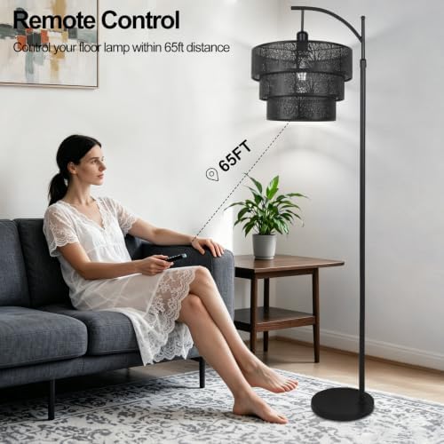AHDWDW Arc Floor Lamp for Living Room Bedroom,Mid-Century Modern Floor Lamps with Remote,Black Dimmable Standing Tall Lamp for Corner Office,3-Tier Drum Metal Lampshade with Forest Tree Design - Image 5