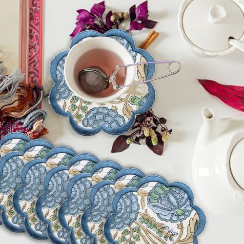 Ridhi 8-Pcs 100% Cotton Hand Block Print Drink Coasters 5" in Asparagus Green - Image 3