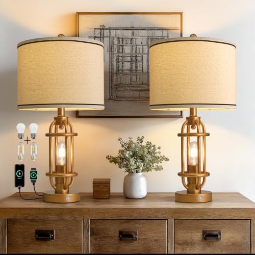 G-SAFAVA 23.75'' Table Lamps Set of 2 for Living Room Bedroom Industrial Farmhouse Metal Touch Lamps with USB A+C Ports, Night Light Vintage Nightstand Bedside Lamp, Bulbs Included, Antique Gold by G-SAFAVA