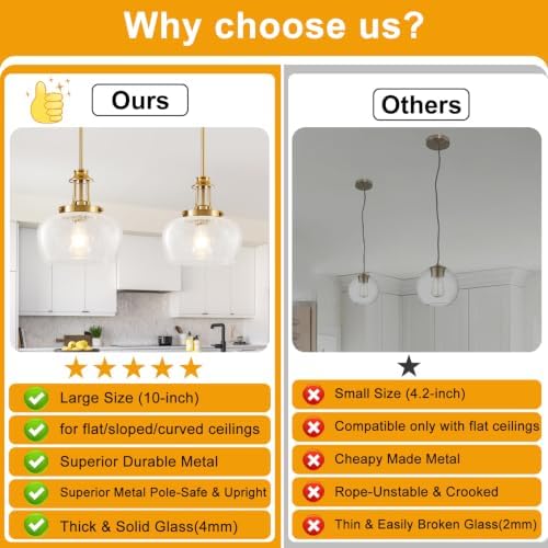 Modern Pendant Lights Kitchen Island, Brushed Gold Pendant Light Fixtures with 10" Clear Crack Glass Shade, Industrial Hanging Pendant Lights Fixture for Kitchen Island Dining Room Entryway - Image 2