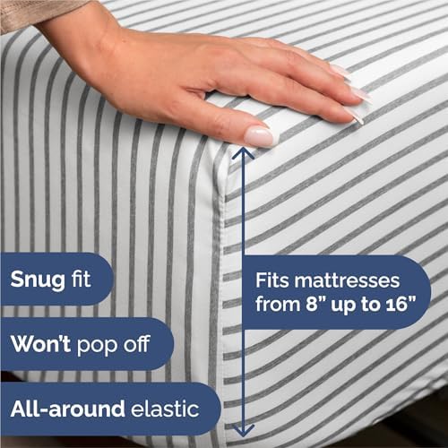 Split King Size 5 Piece Sheet Set - Breathable & Cooling - Grey Stripes - Image 3
