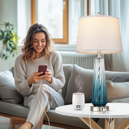 Glass Table Lamps for Living Room, Modern Bedside Lamps with USB A+C Ports, 3-Way Dimmable Touch Control Nightstand Lamp with White Linen Shade, 27.5" Large Lamps for Bedrooms Decor, Teal, 1 Pack - Image 5