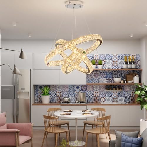 3 Rings Crystal Chandeliers 32"+24"+16" Crystal Ceiling Light Fixture Pendant Lighting Hanging Lamp for Living Room LED Dimmable 3000-6000K - Image 4