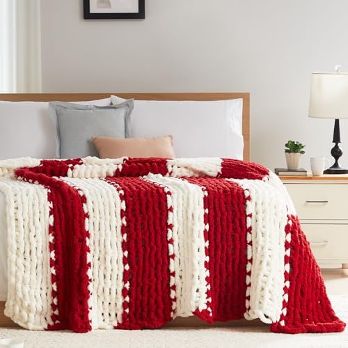 L'AGRATY Chunky Knit Throw Blanket for Couch, 80 x 90 Inches, Red White by LAGRATY