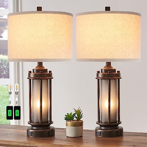 AIEAMPDO Set of 2 Farmhouse Table Lamps for Living Room with USB C+A Ports by AIEAMPDO