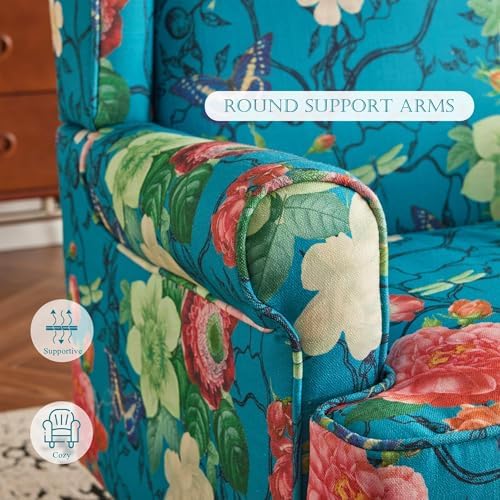 YOLENY Floral Accent Chair, High Back Upholstered Armchair with Solid Legs, Leisure Single Sofa Chair for Living Room, Bedroom, Home Office, Teal Floral - Image 5