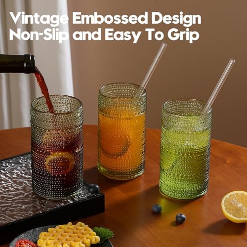 Vintage Hobnail Drinking Glasses Set of 12, 16 oz Large Capacity Embossed Green Tumblers, Highball Glasses for Water, Cocktail, Beer, Whiskey, Kitchen & Bar Use - Image 6